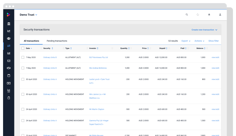 Transactions list