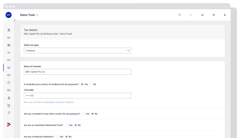 Screenshot of investor tax details form