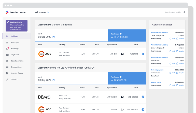 Investor centre dashboard