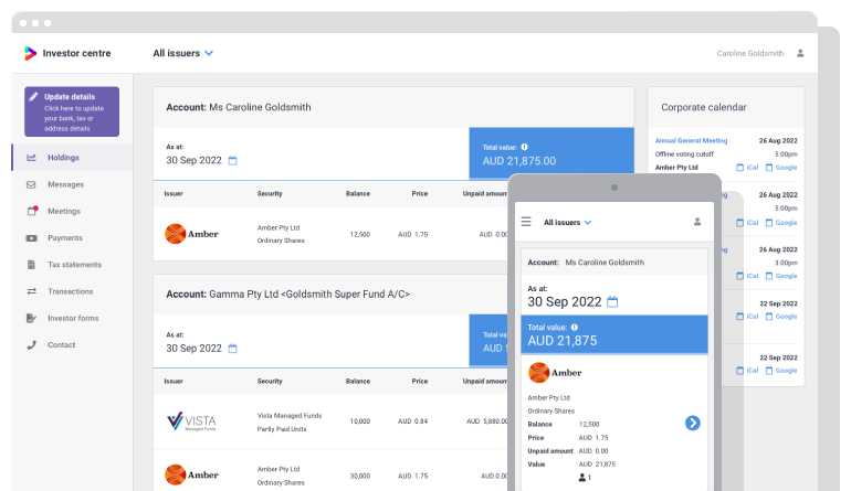 Investor centre dashboard