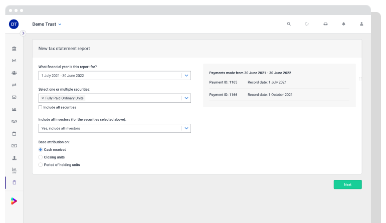 Screenshot of tax statement report feature