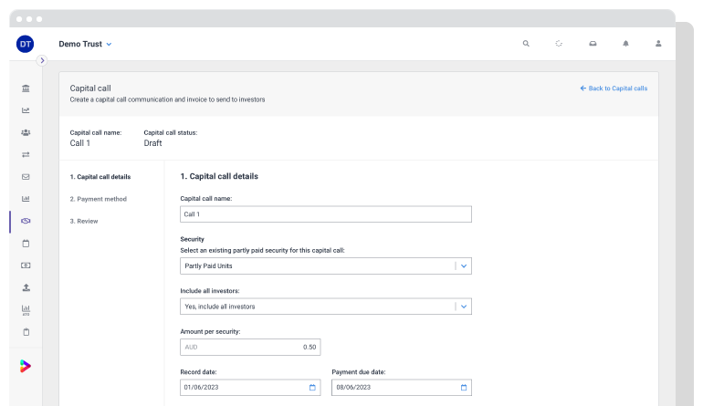 Screenshot of capital call feature